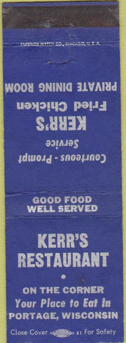 Matchbook Cover - Kerr's Restaurant Portage WI Fried Chicken
