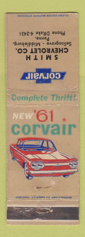 Matchbook Cover - 1961 Chevrolet Corvair Smith Selinsgrove Middleburg PA WORN