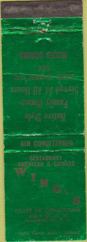 Matchbook Cover - Wing's Chinese Restaurant Washington DC CREASE