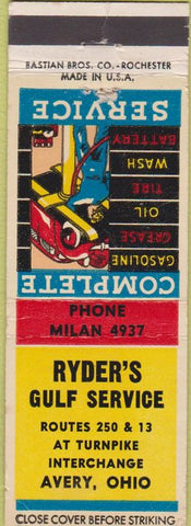 Matchbook Cover - Ryder's Gulf oil gas Avery OH crease