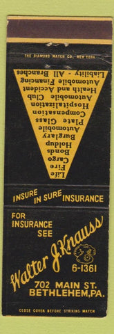 Matchbook Cover - Walter J Knauss Insurance Bethlehem PA