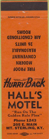 Matchbook Cover - Hall's Motel Mount Sterling KY orange