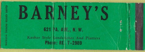 Matchbook Cover - Barney's Kosher  restaurant NO TOWN creases