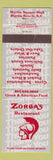 Matchbook Cover - Zorba's Restaurant Greek Myrtle Beach SC