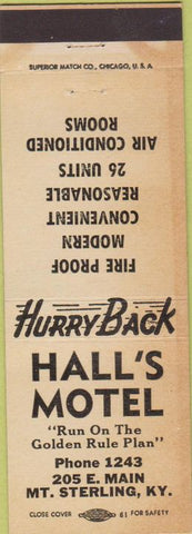 Matchbook Cover - Hall's Motel Mount Sterling KY white WEAR