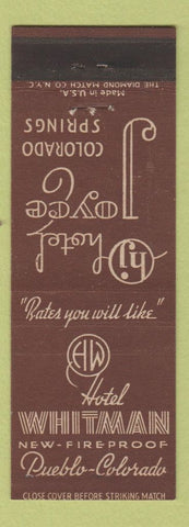 Matchbook Cover - Hotel Whitman Pueblo Colorado Joyce Colorado Springs