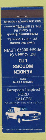 Matchbook Cover - Ford Falcon Kenden Motors New Zealand Levin Paraparaumu