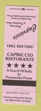 Matchbook Cover - Capriccio Restaurant Italian Pembroke Pines FL