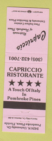 Matchbook Cover - Capriccio Restaurant Italian Pembroke Pines FL