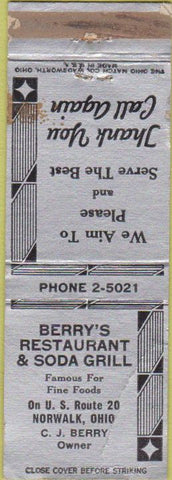 Matchbook Cover - Berry's Restaurant Norwalk OH CREASE