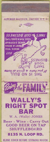 Matchbook Cover - Wally's Right Spot Bar Shuffleboard WEAR