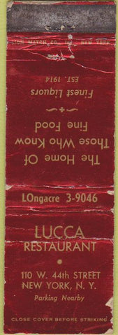 Matchbook Cover - Lucca Restaurant New York City CREASES