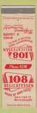 Matchbook Cover - 108 Delicatessen Deli Warrensburg MO