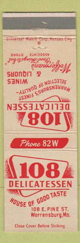 Matchbook Cover - 108 Delicatessen Deli Warrensburg MO