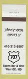 Matchbook Cover - 707 Sports Bar Grill West Ocean City MD