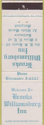 Matchbook Cover - Brooks Williamsburg Inn White Marsh MD