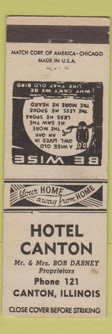 Matchbook Cover - Hotel Canton IL low phone # owl
