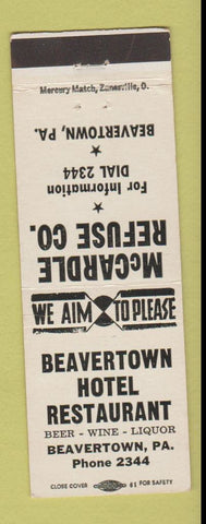 Matchbook Cover - Beavertown Hotel Restaurant PA low phone # McCardle Refuse