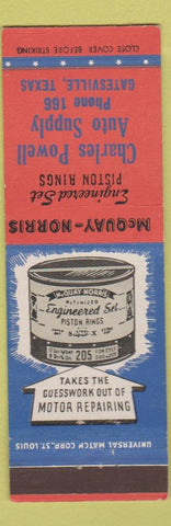 Matchbook Cover - McQuay Norris Piston Rings Powell Gatesville TX low phone #