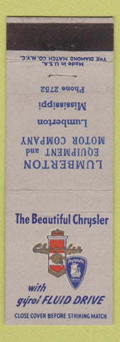 Matchbook Cover - Chrysler Plymouth Lumberton MS low phone #