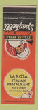 Matchbook Cover - La Rosa Italian Restaurant Sacramento CA Spaghetti
