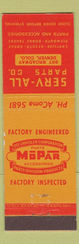 Matchbook Cover - MOPAR Auto Parts Chrysler DeSoto Dodge Denver Colorado