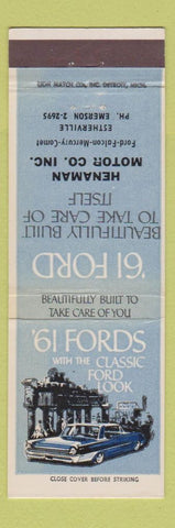 Matchbook Cover - 1961 Ford Henaman Esterville IA Mercury Comet Falcon WEAR