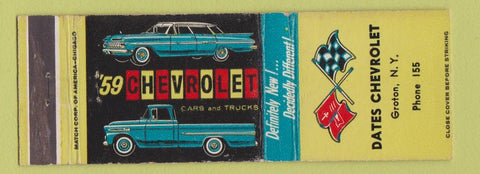 Matchbook Cover - 1959 Chevrolet Dates Groton NY low phone #