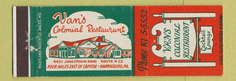 Matchbook Cover - Vans Colonial Restaurant Harrisburg PA