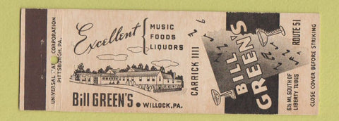 Matchbook Cover - Bill Green's Willock PA