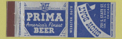 Matchbook Cover - Prima Beer Chicago Show Boat IL
