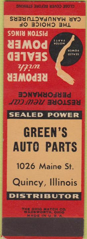 Matchbook Cover - Green's Auto Parks Quincy IL SAMPLE Piston Rings
