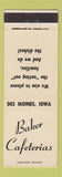 Matchbook Cover - Baker Cafeterias Des Moines IA