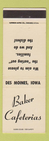 Matchbook Cover - Baker Cafeterias Des Moines IA
