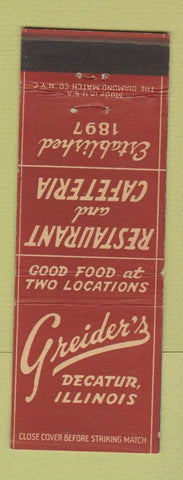 Matchbook Cover - Greider's Restaurant Cafeteria Decatur IL