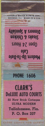 Matchbook Cover - Clark's Auto Courts Tallahassee FL Advance WEAR