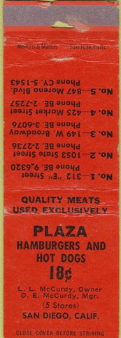 Matchbook Cover - Plaza Hamburgers Hot Dogs San Diego CA CREASE