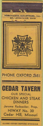 Matchbook Cover - VFW Cedar Tavern Cedar Hill MO Merchants