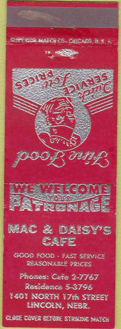 Matchbook Cover - Mac  and  Daisy's Cafe Lincoln NE