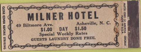 Matchbook Cover - Milner Hotel Asheville NC