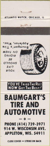 Matchbook Cover - Baumgart's Tire Auto Appleton WI