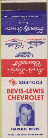 Matchbook Cover - Bevis Lewis Chevrolet Oldsmobiel Cadillac Key West FL
