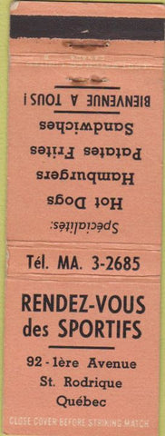 Matchbook Cover - Rendez-vous des Sportifs Quebec Canada hot dogs