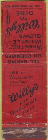 Matchbook Cover - Willy's Restaurant New York City 20s? POOR STRIKER