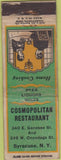 Matchbook Cover - Cosmopolitan Restaurant Syracuse NY wear