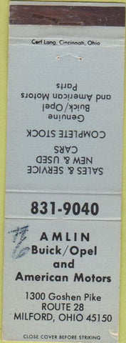 Matchbook Cover - Amlin Buick Open AMC Milford OH WRITING
