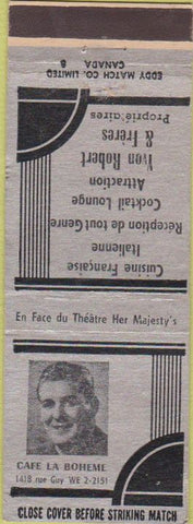 Matchbook Cover - Cafe La Boheme Canada Ste Genevieve PQ
