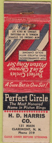 Matchbook Cover - HD Harris Co Claremont NH Piston Rings