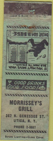 Matchbook Cover - Morrisey's Grill Utica NY POOR