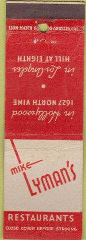 Matchbook Cover - Lyman's Restaurants Hollywood Los Angeles CREASES